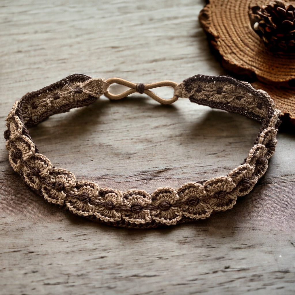 Crochet Headband with Elastic- Mocha and Chocolate Brown Hairband- Boho Headband