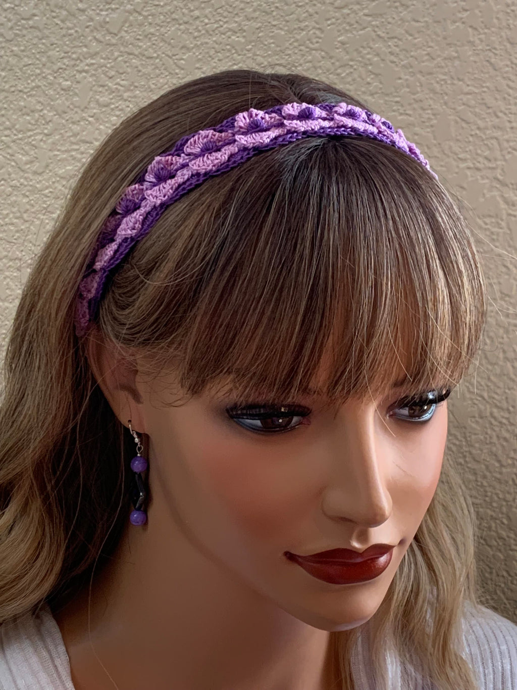 Crochet Headband with Elastic- Purple/Lavender Hairband with optional purple dangle Earrings