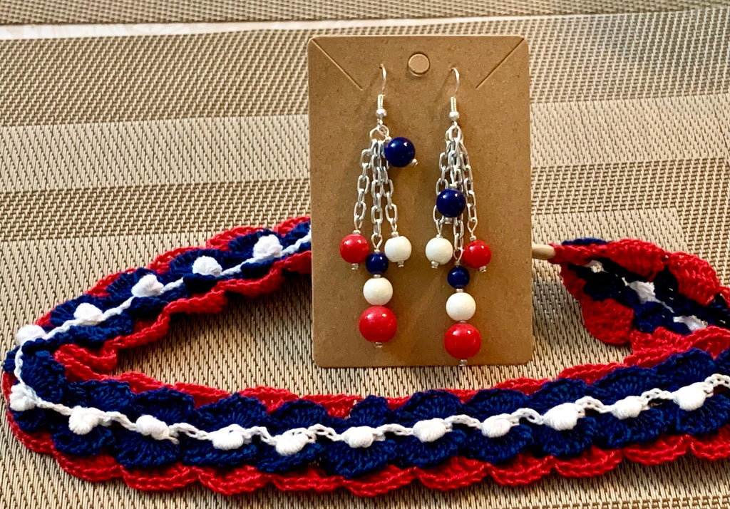 Crochet Red White and Blue Patriotic Headband with Elastic with optional Dangle Earrings
