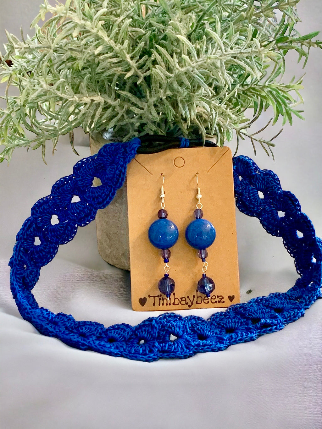 Royal Blue Crochet Headband with Elastic with optional color matching Dangle Earrings