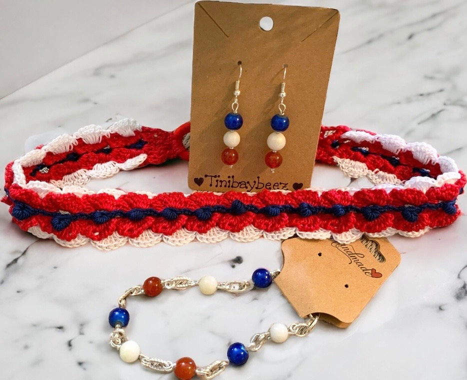 Crochet Red White and Blue Patriotic Headband with Elastic with optional Dangle Earrings and bracelet