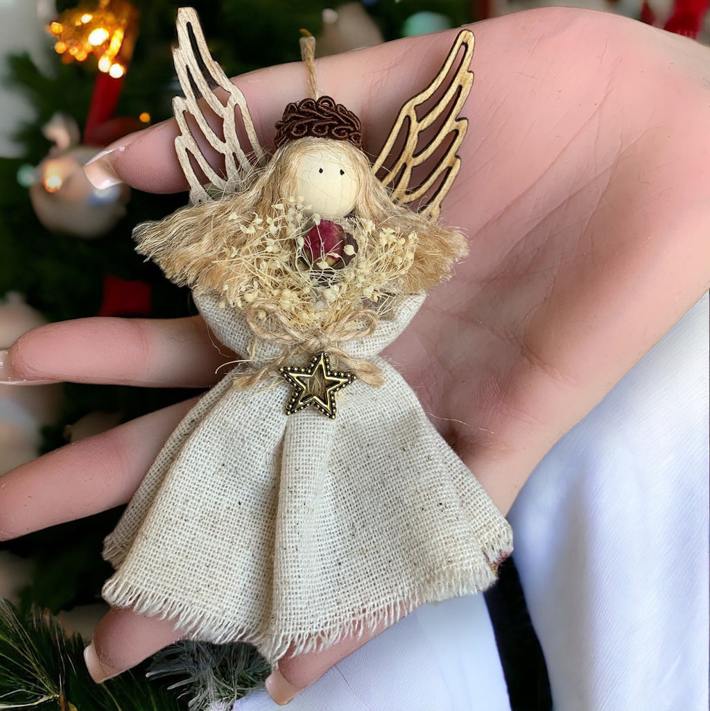 4” Country Angel Ornament with wooden wings and a real rosebud