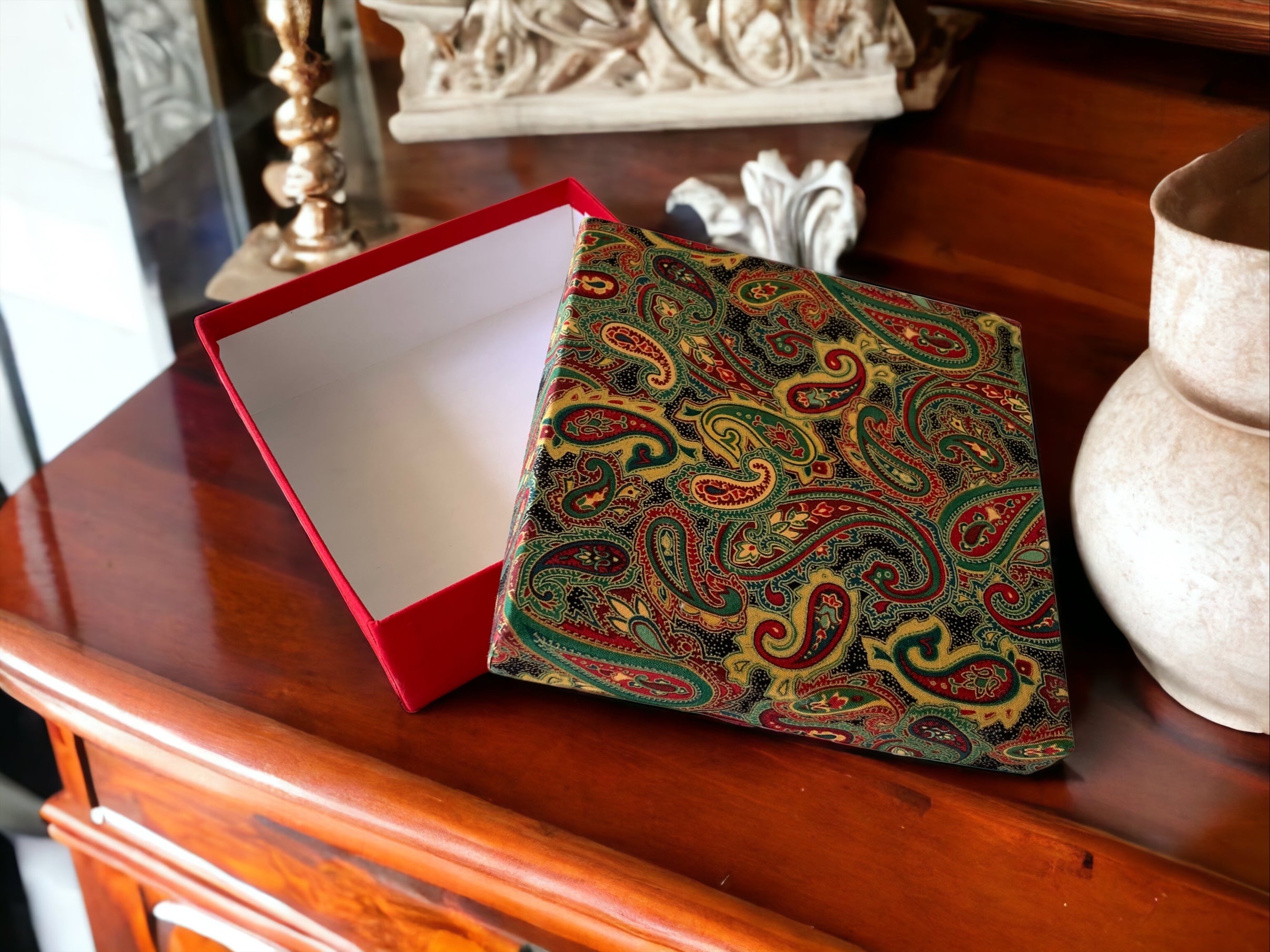 7 1/2” Square Paisley Fabric Covered Keepsake Box