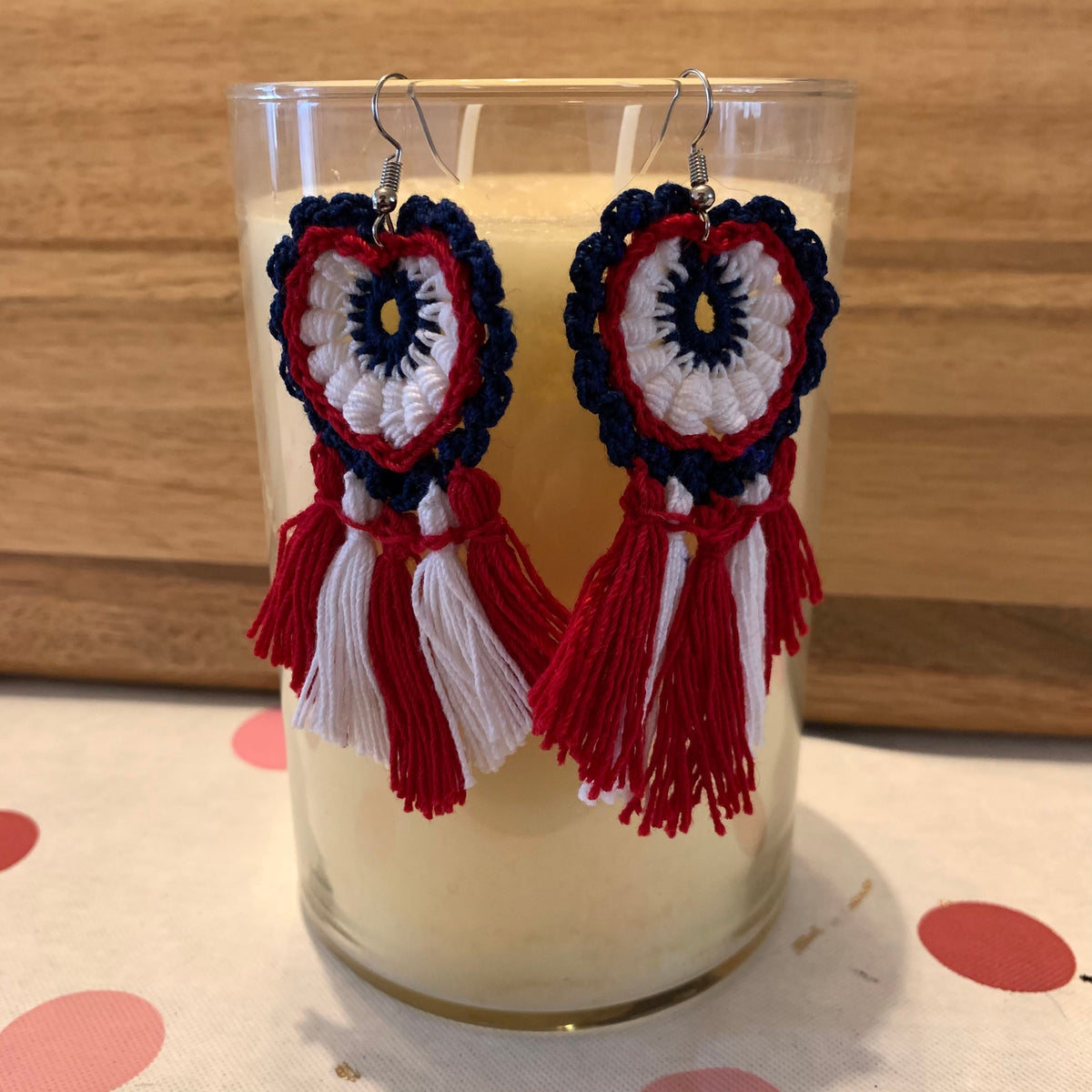 Red white and on sale blue tassel earrings