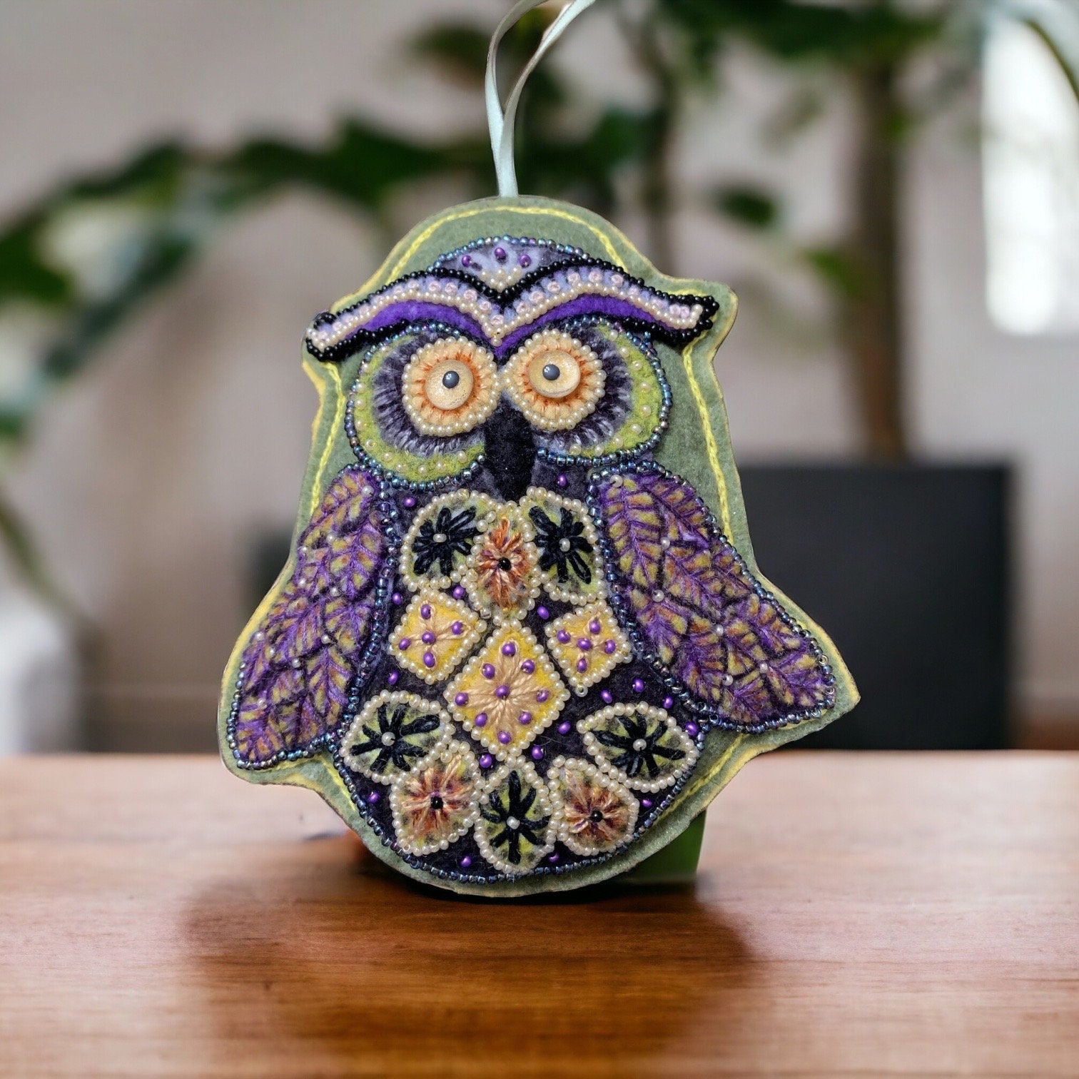 Scented Owl Sachet with Bead Embroidery on Felt-One Of A Kind Owl Ornament