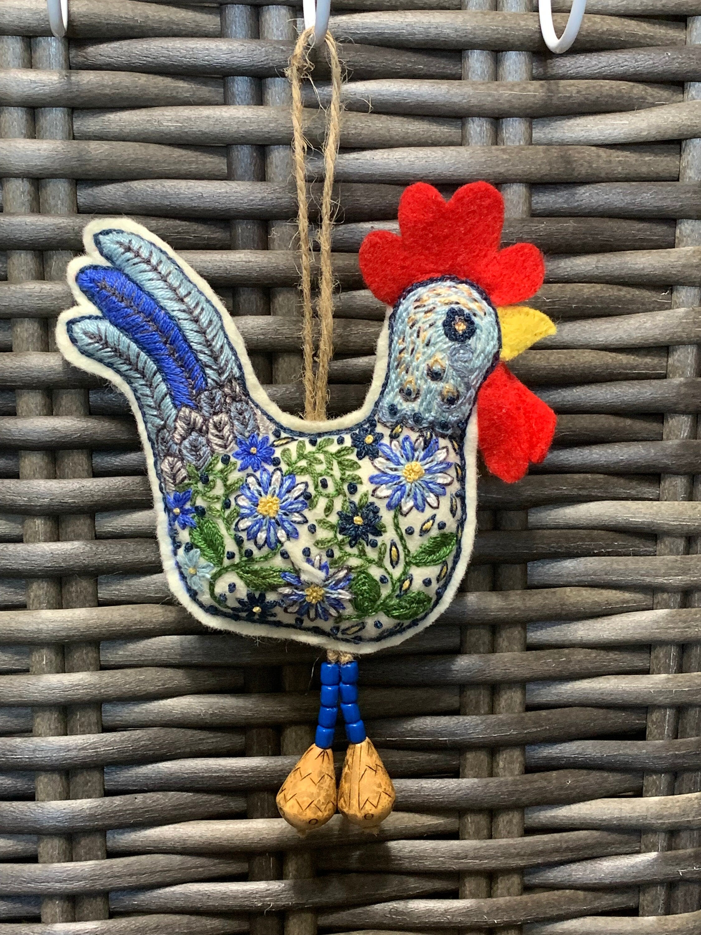 Hand Embroidered Folk Art Chicken Rooster Ornament