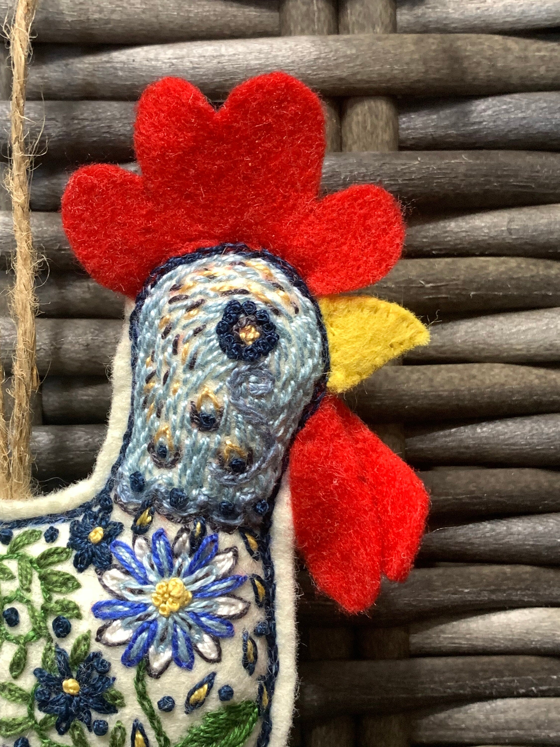Hand Embroidered Folk Art Chicken Rooster Ornament