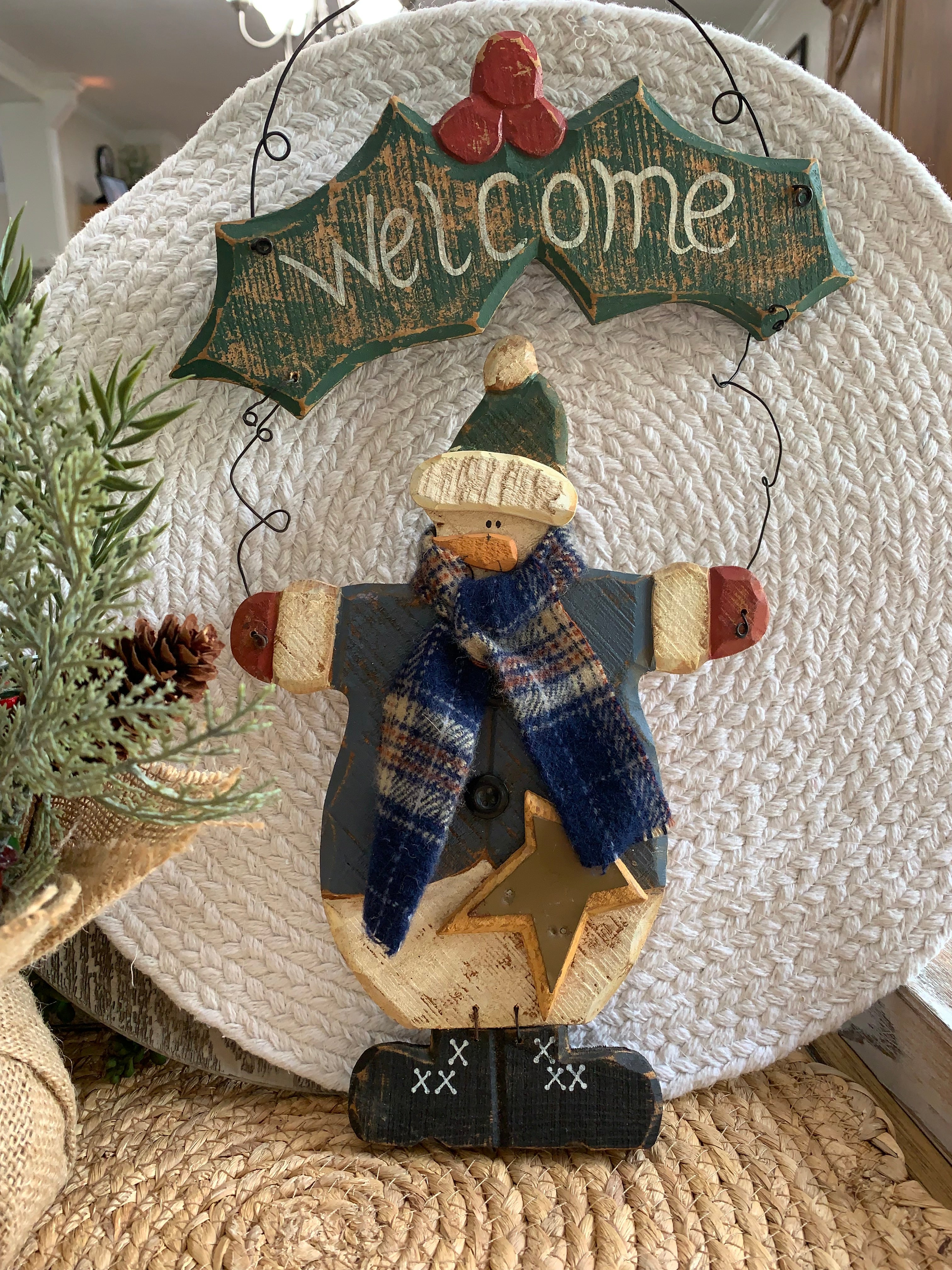 Rustic Wooden Snowman Welcome Sign Primitive Country Christmas Door Hanger 16 Inch