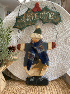 Rustic Wooden Snowman Welcome Sign Primitive Country Christmas Door Hanger 16 Inch