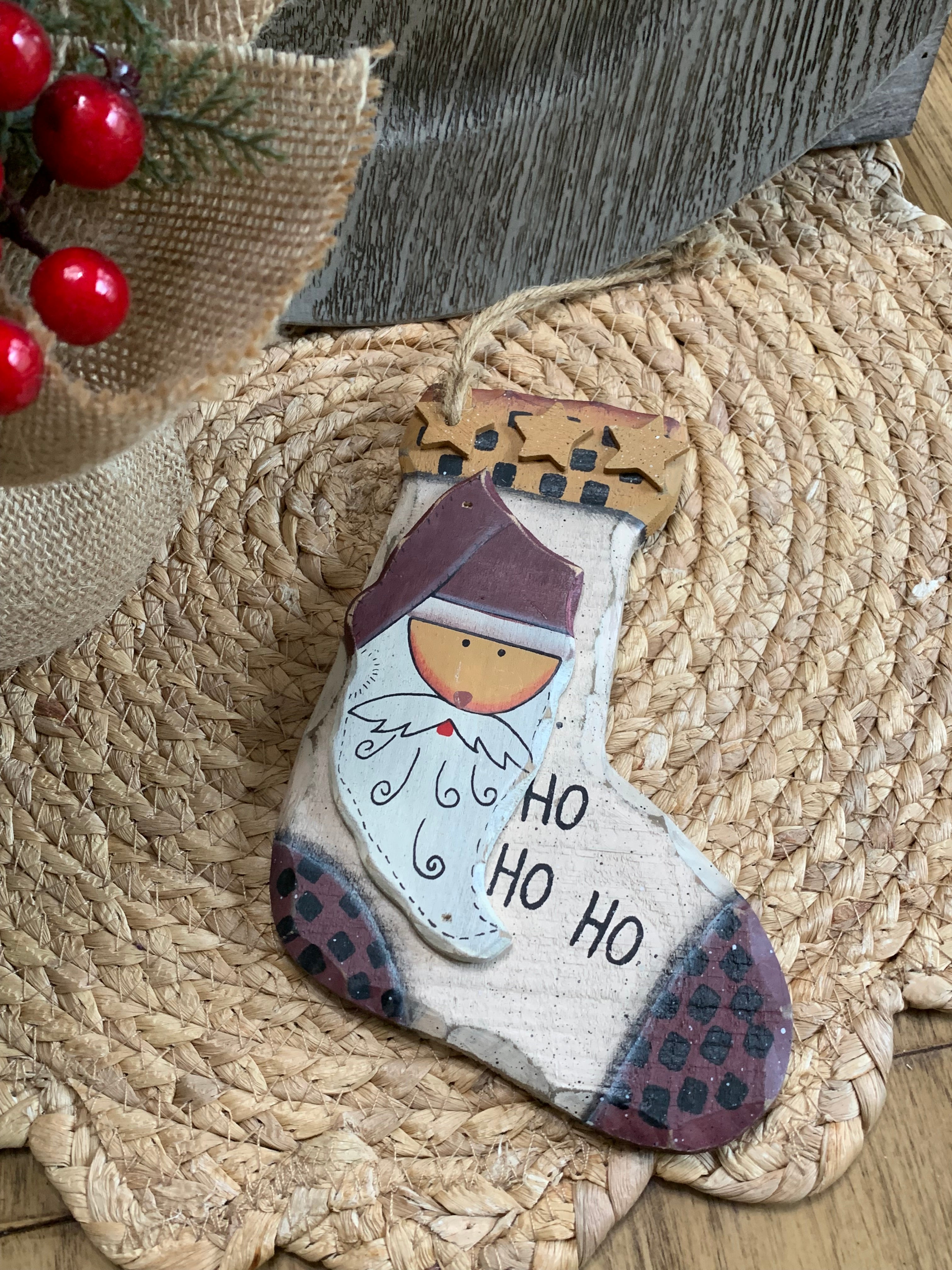 Hand Painted Santa Stocking Ornament – Rustic Country Christmas Decor