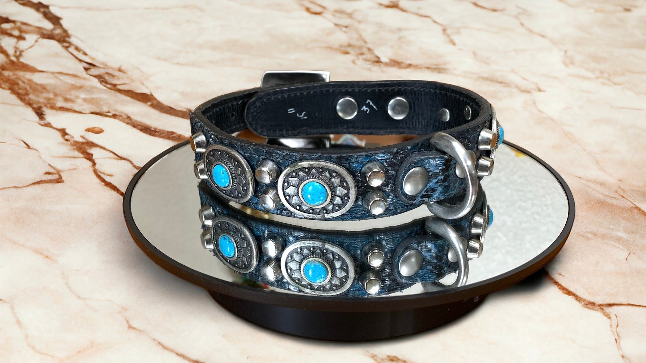 18” Black Leather Dog Collar With Blue Snake Skin   Turquoise Conchos