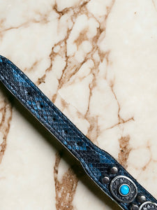 18” Black Leather Dog Collar With Blue Snake Skin   Turquoise Conchos