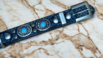Load image into Gallery viewer, 18” Black Leather Dog Collar With Blue Snake Skin   Turquoise Conchos
