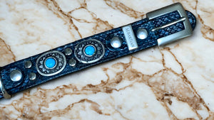 18” Black Leather Dog Collar With Blue Snake Skin   Turquoise Conchos