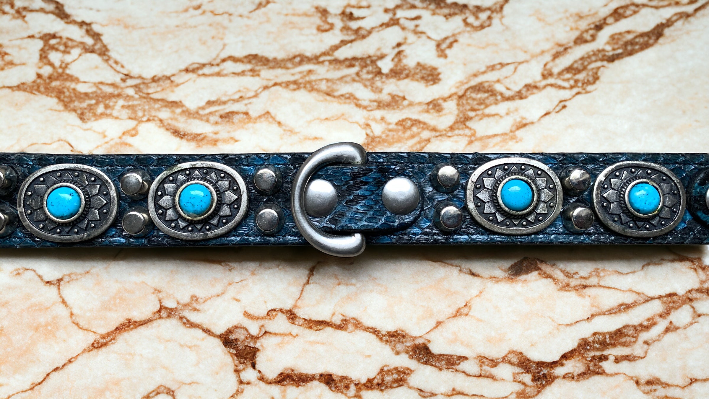 18” Black Leather Dog Collar With Blue Snake Skin   Turquoise Conchos