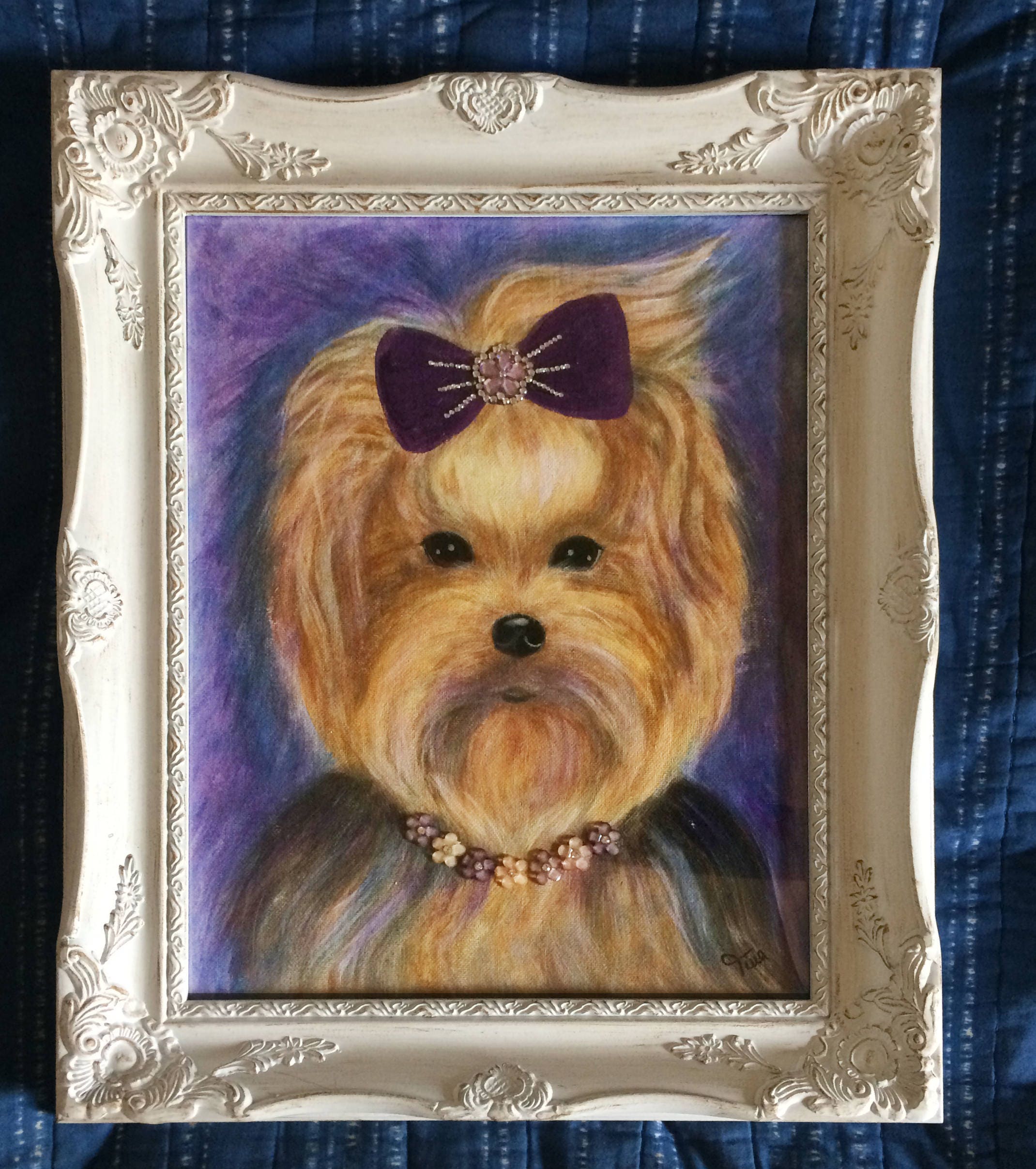 11"x 14" Framed Yorkshire Terrier Portrait with Rhinestone Accents- Yorkie Painting-Acrylic Yorkie Painting on Canvas