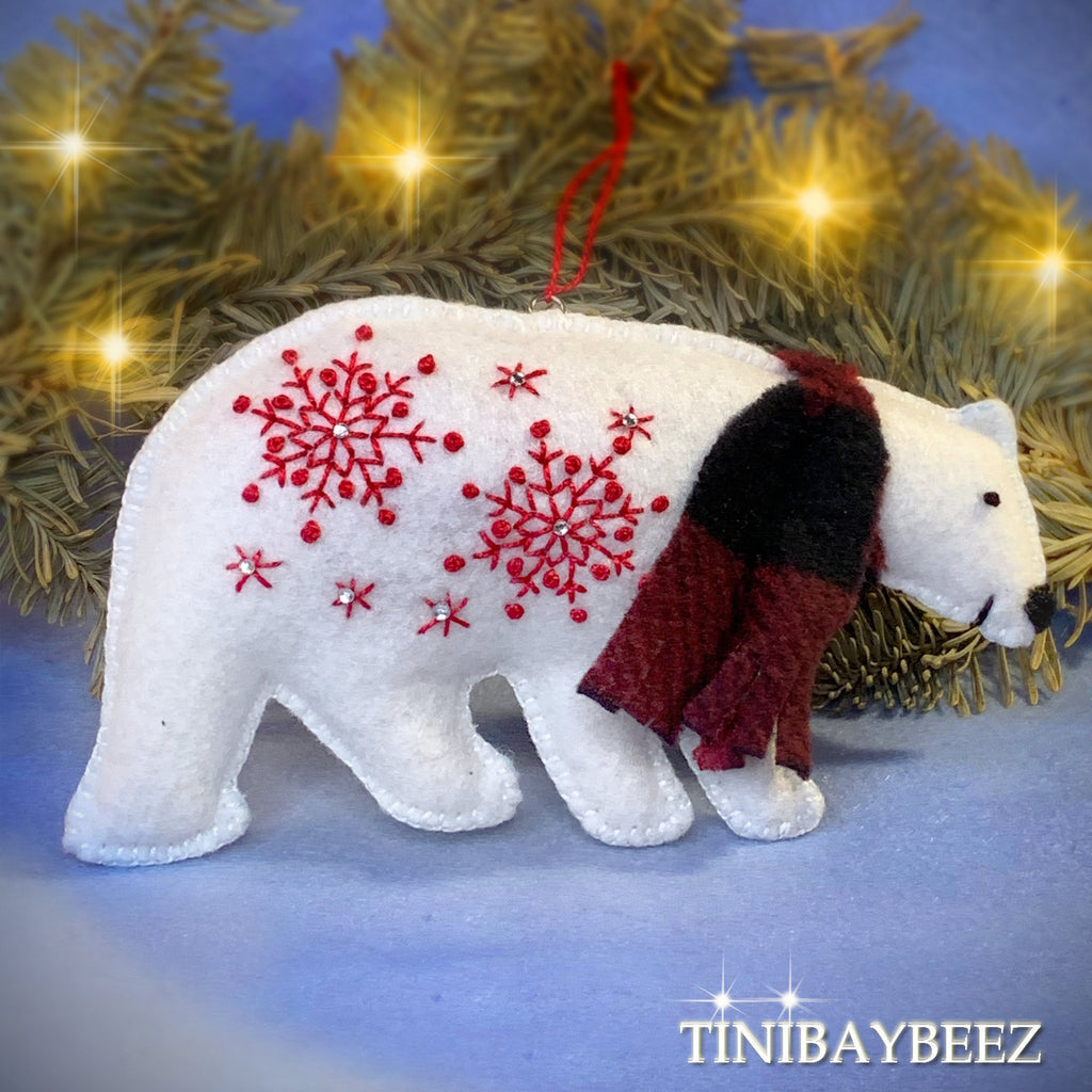 Felt Polar Bear Ornament With Red Embroidered Stars and Rhinestone Accents