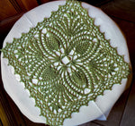 Load image into Gallery viewer, Avocado Green Crochet Doily - Square Table Centerpiece - Cottage Style Decor
