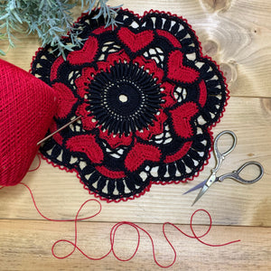 9” Red and Black Valentines Doily-Red Heart Doily