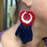 Load image into Gallery viewer, Crochet Patriotic Earrings: Red, White &amp; Blue Tassel Earrings
