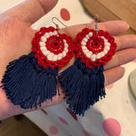 Load image into Gallery viewer, Crochet Patriotic Earrings: Red, White &amp; Blue Tassel Earrings
