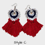 Load image into Gallery viewer, Crochet Patriotic Earrings: Red, White &amp; Blue Tassel Earrings
