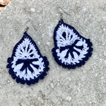 Load image into Gallery viewer, Navy Blue and White Boho Style Earrings- Light Weight Crochet Teardrop Earrings
