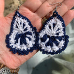 Load image into Gallery viewer, Navy Blue and White Boho Style Earrings- Light Weight Crochet Teardrop Earrings
