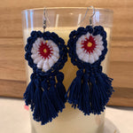 Load image into Gallery viewer, Crochet Patriotic Earrings: Red, White &amp; Blue Tassel Earrings
