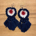 Load image into Gallery viewer, Crochet Patriotic Earrings: Red, White &amp; Blue Tassel Earrings
