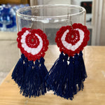 Load image into Gallery viewer, Crochet Patriotic Earrings: Red, White &amp; Blue Tassel Earrings
