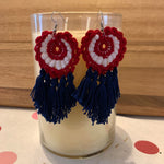 Load image into Gallery viewer, Crochet Patriotic Earrings: Red, White &amp; Blue Tassel Earrings
