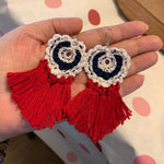 Load image into Gallery viewer, Crochet Patriotic Earrings: Red Tassel 4th of July Accessory

