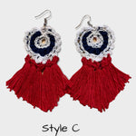Load image into Gallery viewer, Crochet Patriotic Earrings: Red Tassel 4th of July Accessory
