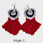 Load image into Gallery viewer, Crochet Patriotic Earrings: Red, White &amp; Blue Tassel Earrings
