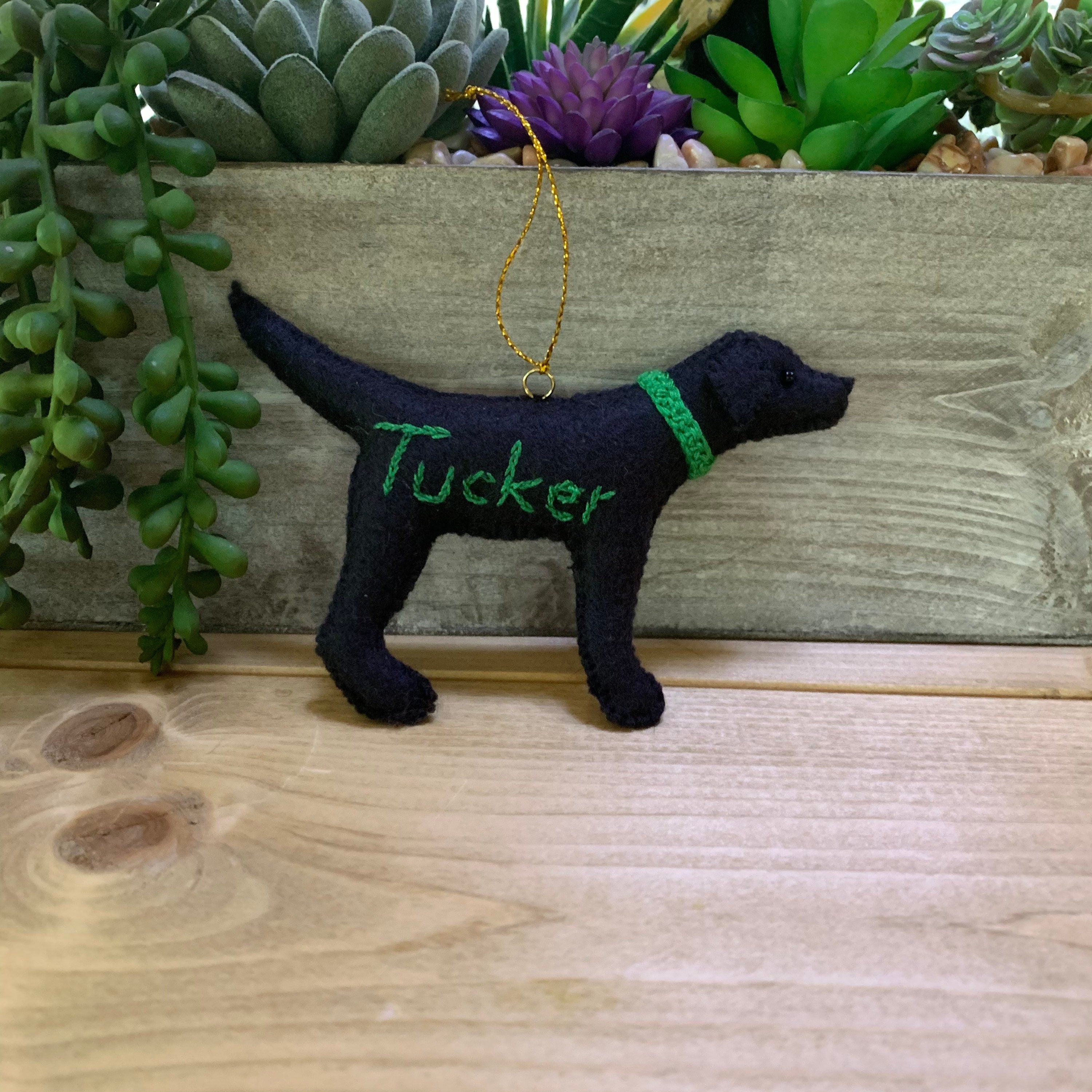 Personalized Black Lab Ornament with a crochet collar