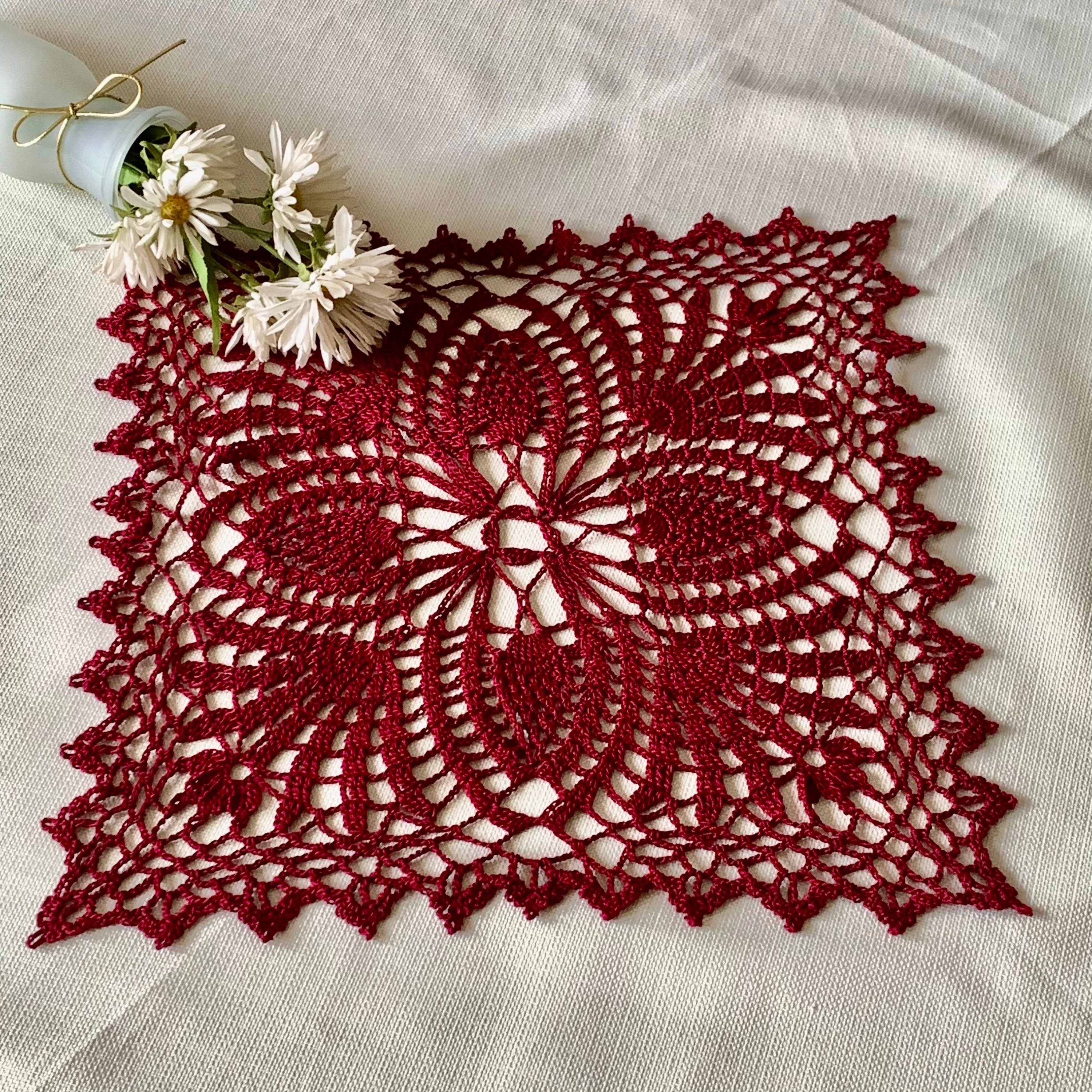 13” Burgundy Square Doily -Crocheted Doily-Table Decoration