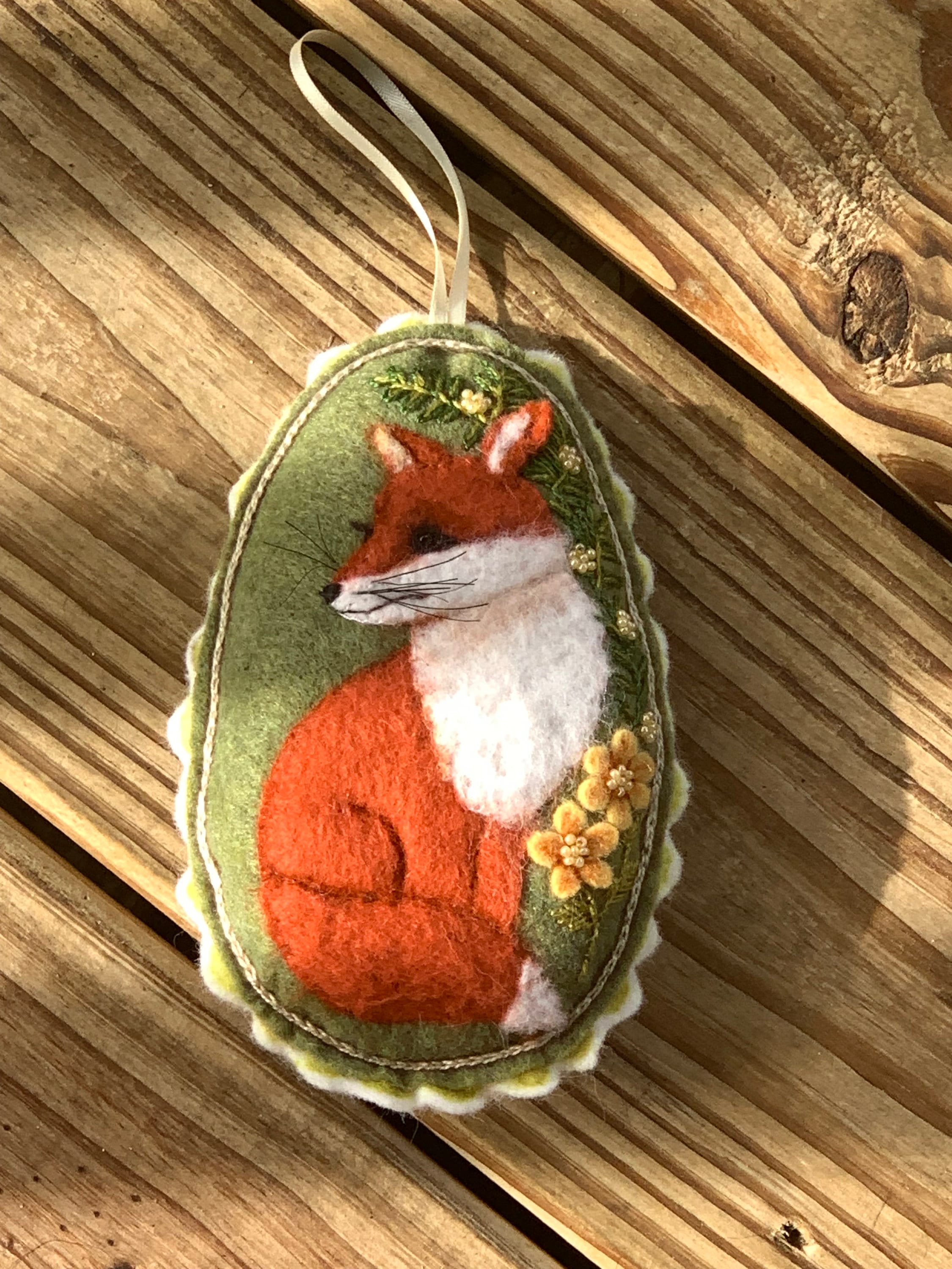 Felt Fox Ornament – Hand Embroidered – Needle Felted – Woodland Animal with Floral Accents