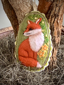 Felt Fox Ornament – Hand Embroidered – Needle Felted – Woodland Animal with Floral Accents