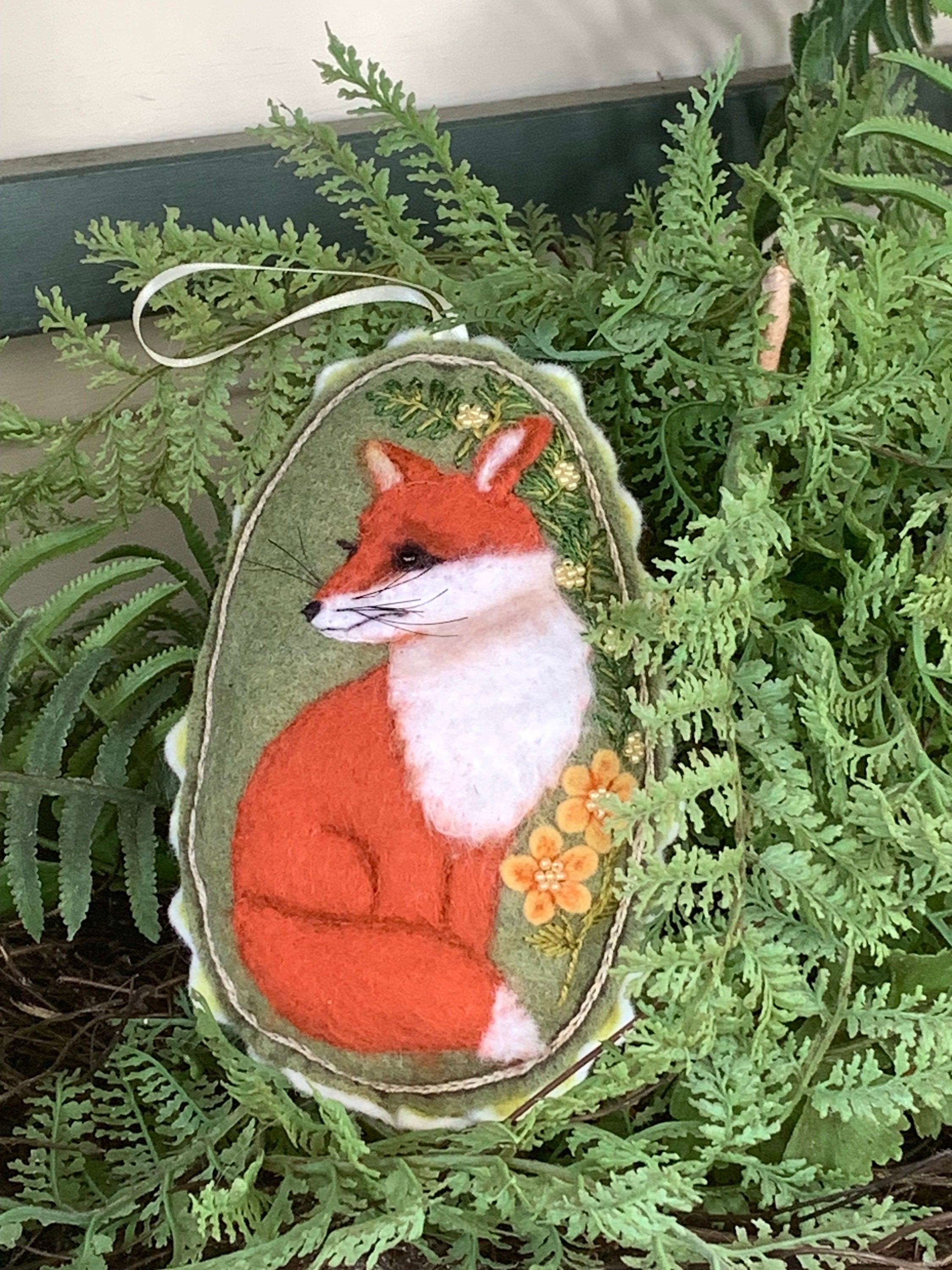 Felt Fox Ornament – Hand Embroidered – Needle Felted – Woodland Animal with Floral Accents