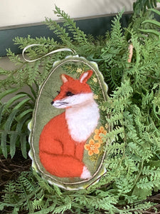 Felt Fox Ornament – Hand Embroidered – Needle Felted – Woodland Animal with Floral Accents
