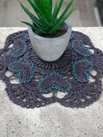 Load image into Gallery viewer, 8” Charcoal Gray Crochet Heart Doily with turquoise bead accents
