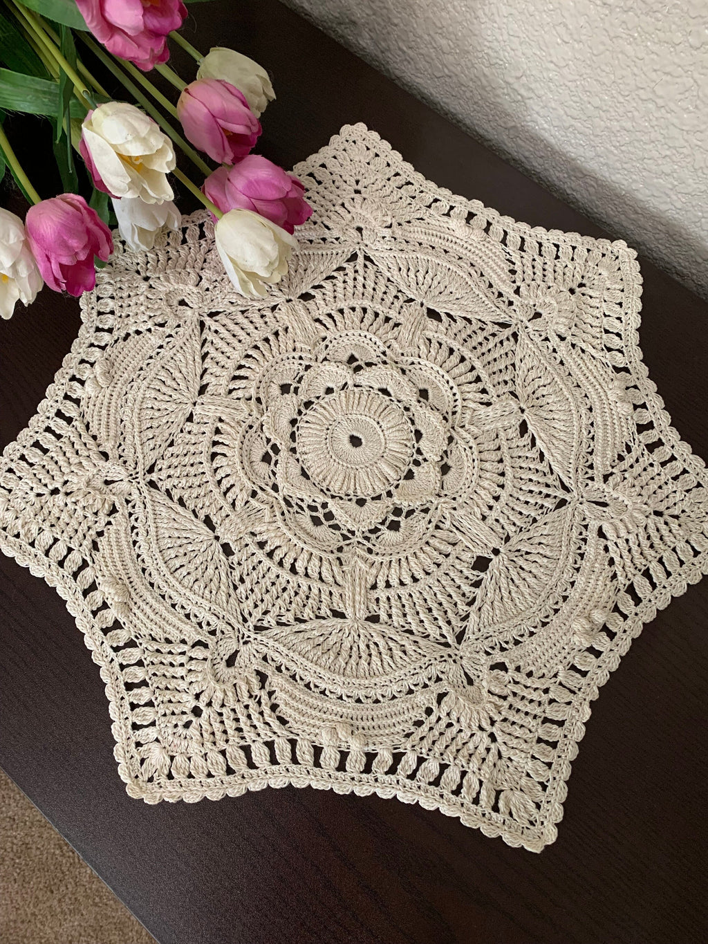 18” Textured Doily Off-White(Ecru)One-of-a-kind Crochet Doily-Heirloom Doily