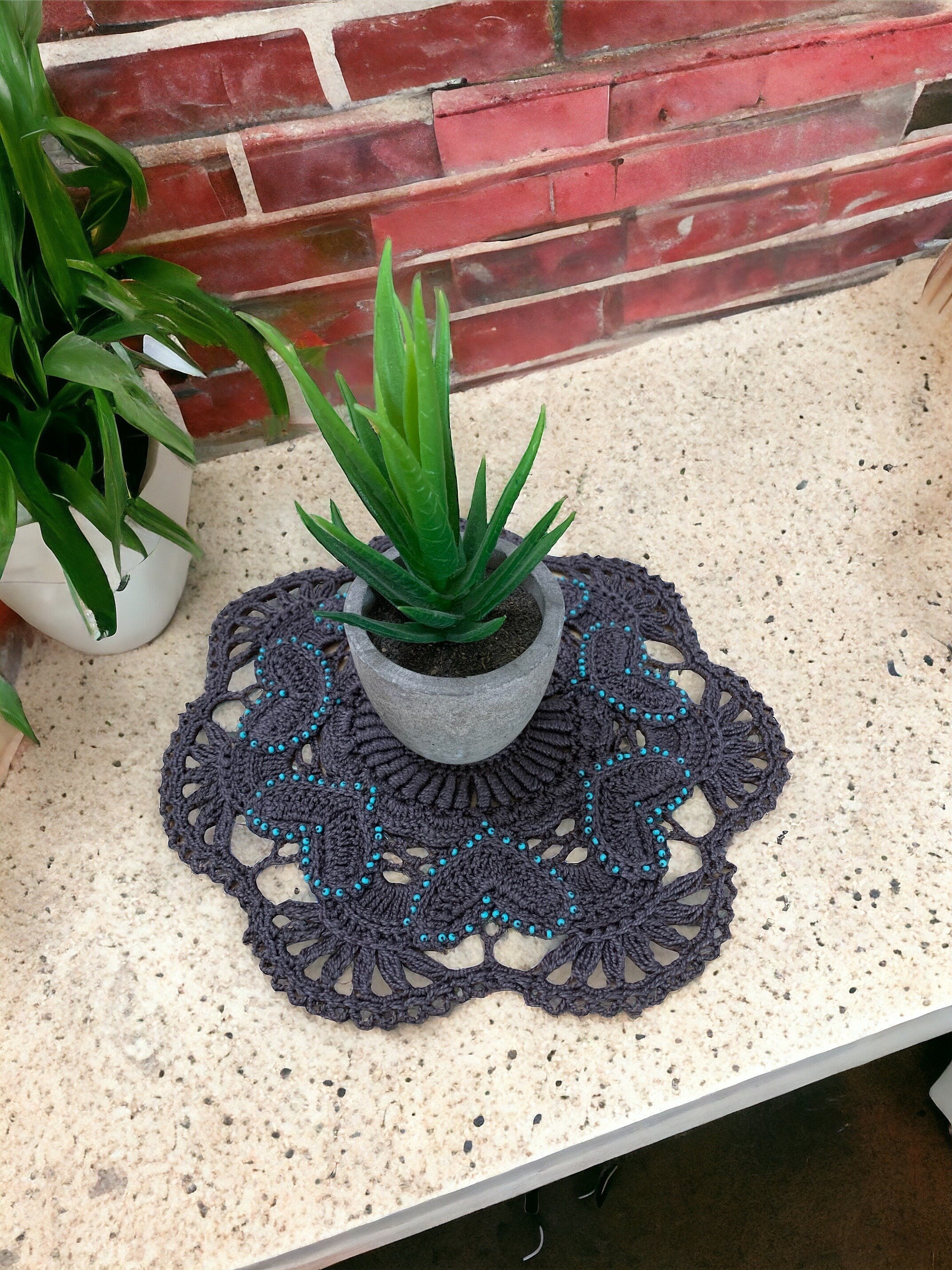 8” Charcoal Gray Crochet Heart Doily with turquoise bead accents