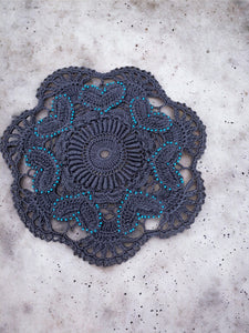 8” Charcoal Gray Crochet Heart Doily with turquoise bead accents