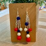 Load image into Gallery viewer, Crochet Red White and Blue Patriotic Headband with Elastic with optional Dangle Earrings
