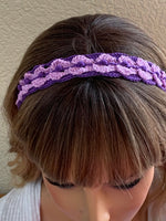 Load image into Gallery viewer, Crochet Headband with Elastic- Purple/Lavender Hairband with optional purple dangle Earrings
