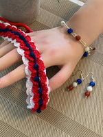 Load image into Gallery viewer, Crochet Red White and Blue Patriotic Headband with Elastic with optional Dangle Earrings and bracelet
