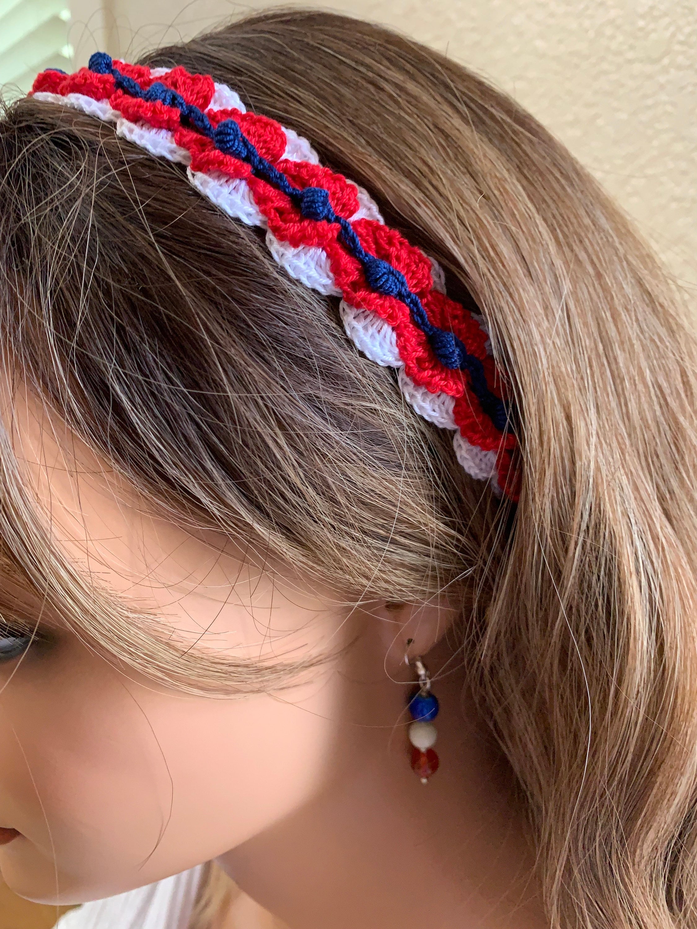 Crochet Red White and Blue Patriotic Headband with Elastic with optional Dangle Earrings and bracelet