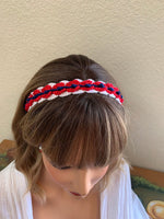 Load image into Gallery viewer, Crochet Red White and Blue Patriotic Headband with Elastic with optional Dangle Earrings and bracelet
